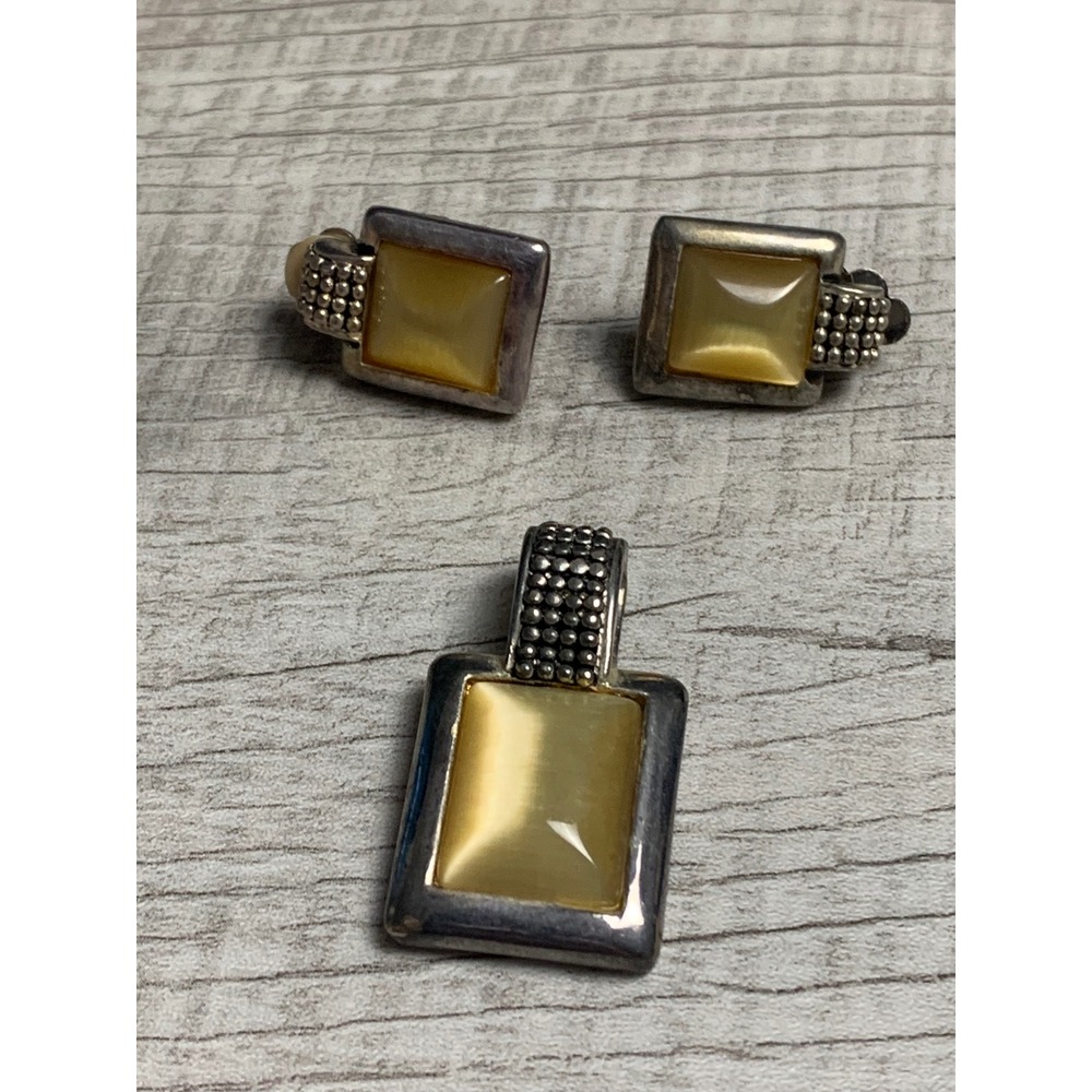 Vintage Yellow Cats Eye Jewelry Set Silver Tone Pendant and Clip On Earrings